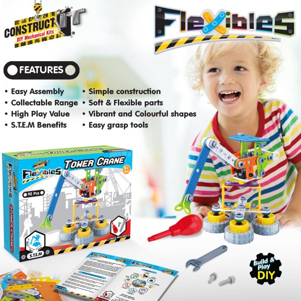 92pcs Construct IT Flexibles DIY Tower Crane Toy w Tools STEM Build Kit Kids 4+ Carousel 6