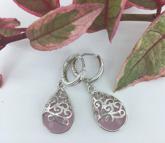 925 Sterling Silver Pear Shape Cat's Eye Stone Earrings "Trinity" (Pink) Carousel 2