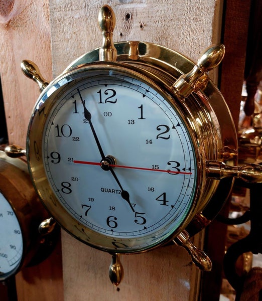Brass Ship's Wheel Clock 9" Carousel 1