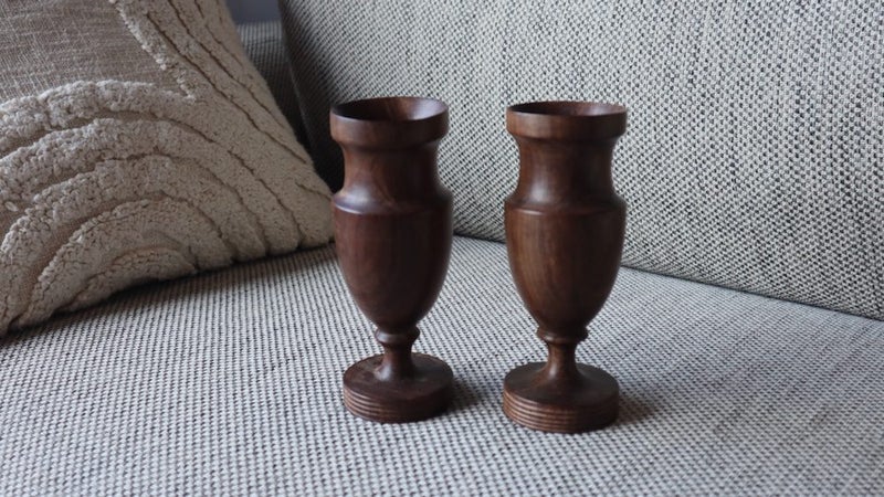 $50 NR Vintage Old carved wood chalice / cups / wine goblets x 2 Carousel 1