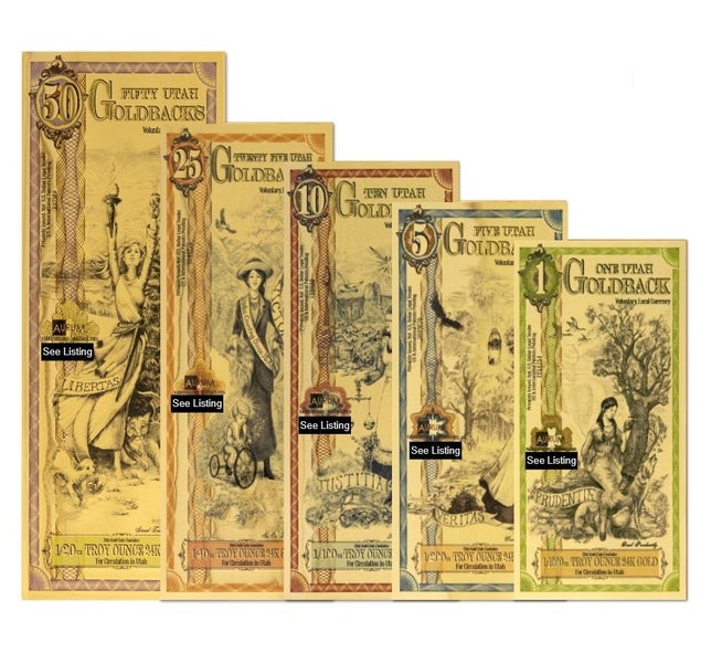 Set of 5 x Utah 2021 Goldbacks .999 Gold Bullion Foil Notes, (24k). Carousel 1