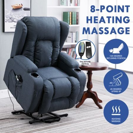 Recliner Chair Electric Massage Chair Lift Heated Fabric Lounge Sofa Grey Blue Carousel 1