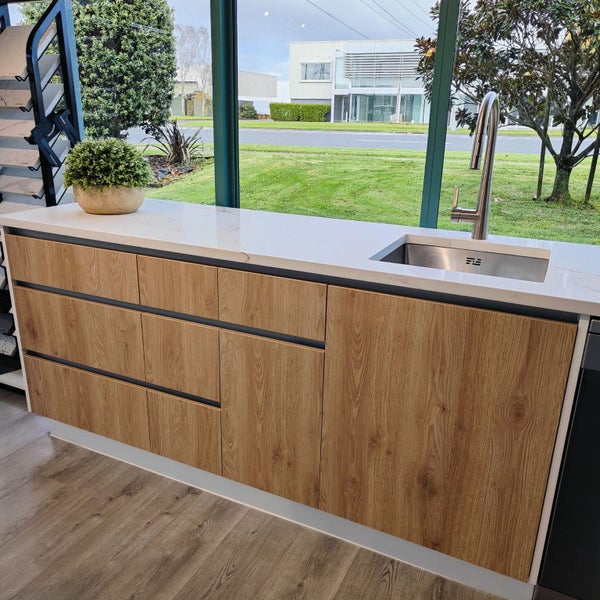 Modern Acrylic White & Timber-Look Flat Pack Kitchen – Showroom Carousel 2