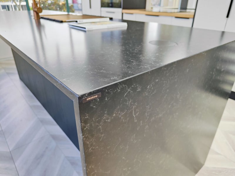 Modern light grey melamine and dark wood-look kitchen flat pack – Showroom Carousel 13