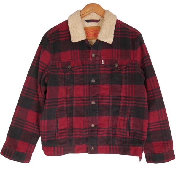 Levis Buffalo Check Plaid Sherpa Lined Trucker Jacket Large Carousel 1