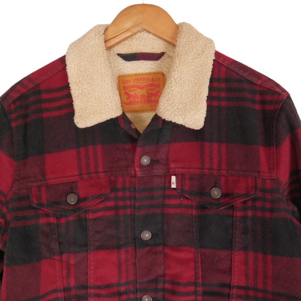 Levis Buffalo Check Plaid Sherpa Lined Trucker Jacket Large Carousel 2