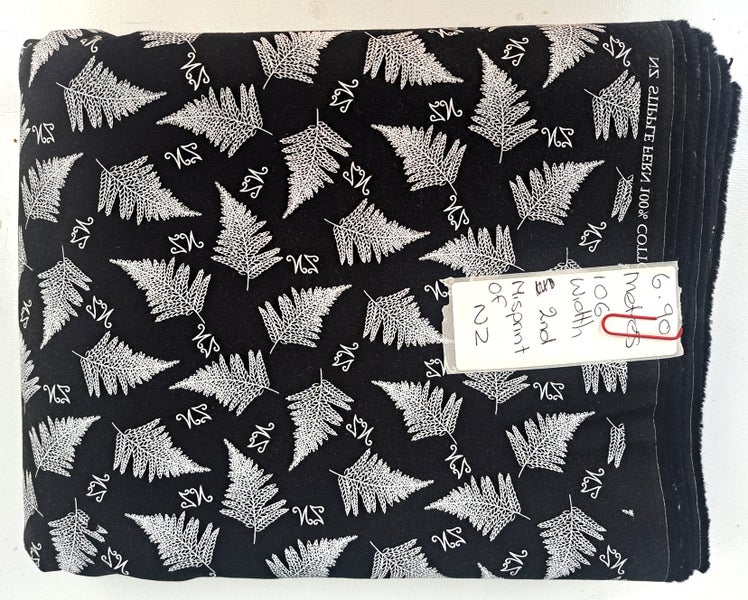 Fabric, KIWIANA Silver Fern on Black 100% Cotton, REDUCED TO CLEAR Carousel 1
