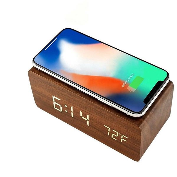 Wood-Look Dual Power LED Digital Alarm Clock with Temperature and Wireless QI... Carousel 2