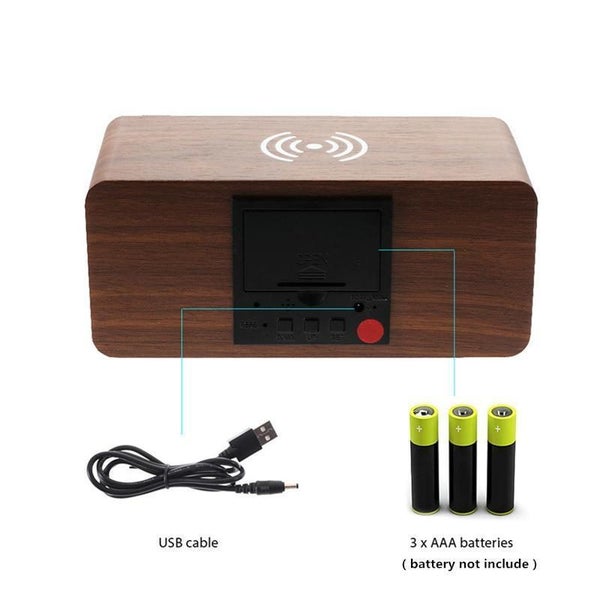 Wood-Look Dual Power LED Digital Alarm Clock with Temperature and Wireless QI... Carousel 5