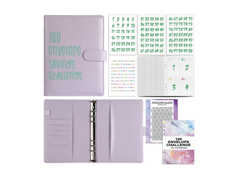 100 Envelope Challenge Binder Budget Planner Savings Book with 200 Slot - Purple Carousel 1