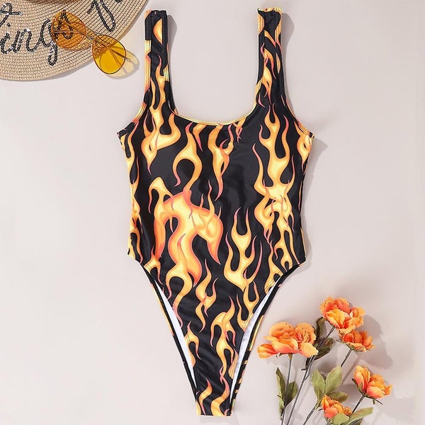 Womens One Piece Flame Print High Cut Bodysuit Swimsuit Bikini Swimwear Bathing Carousel 5