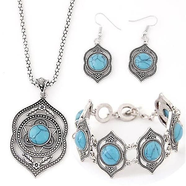 Women Fashion Vintage Charm Style Green Turquoise Bracelet Necklace Earrings Je Carousel 1