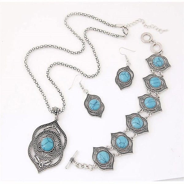 Women Fashion Vintage Charm Style Green Turquoise Bracelet Necklace Earrings Je Carousel 5
