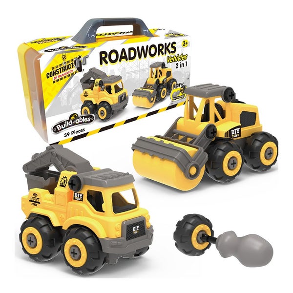 39pc Construct IT Buildables 2-in-1 Roadworks Vehicle Set w Case Kids 3+ YLW Carousel 2