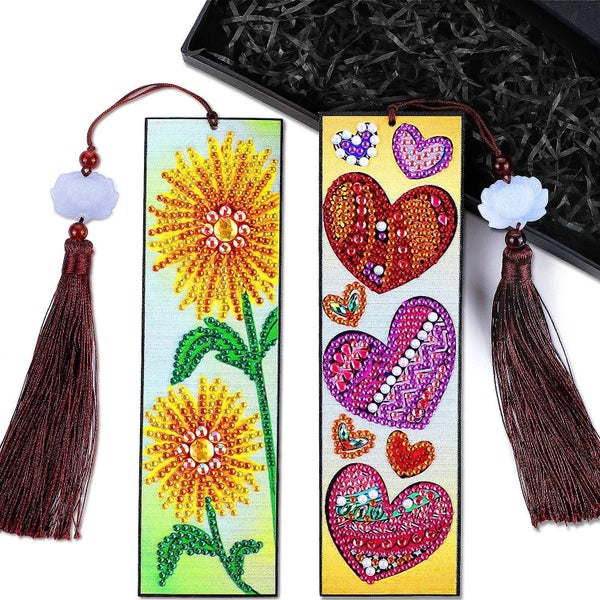 Diy Diamond Painting Bookmark - Heart And Sunflower Beaded Bookmarks With Leath Carousel 1