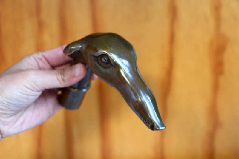 Vintage brass copper grey hunt dog head walking stick handle ornament Carousel 1
