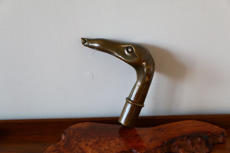 Vintage brass copper grey hunt dog head walking stick handle ornament Carousel 2