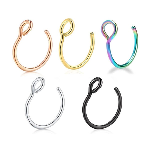 Stylish Simple Fake Nose Ring Hoop Fish Hook Stainless Steel Nail - Set Of 5 Carousel 1