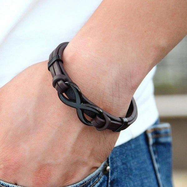 Stainless Steel Leather Bracelet Infinity Logo Special Popular Pattern Menand... Carousel 4