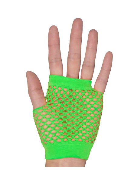 24 Pair Fishnet Gloves Fingerless Wrist Length 70s 80s Costume Party Fluro Green Carousel 3