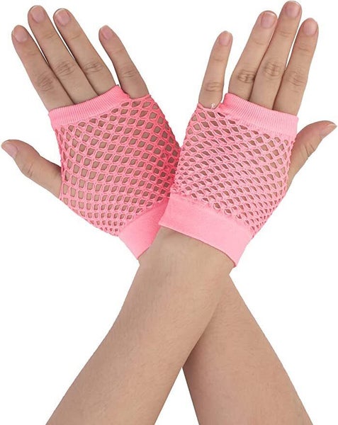 1 Pair Fishnet Gloves Fingerless Wrist Length 70s 80s Costume Party - Light Pink Carousel 1