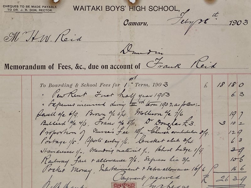 ANTIQUE INVOICE: Waitaki Boys' High School, Oamaru 1903 (121yo) Carousel 1