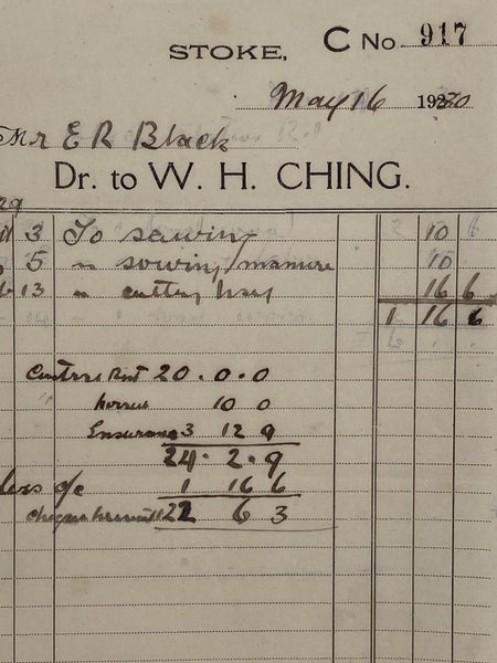 VINTAGE INVOICE: W.H. Ching, Stoke 1930 Carousel 1