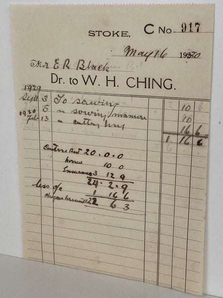 VINTAGE INVOICE: W.H. Ching, Stoke 1930 Carousel 2