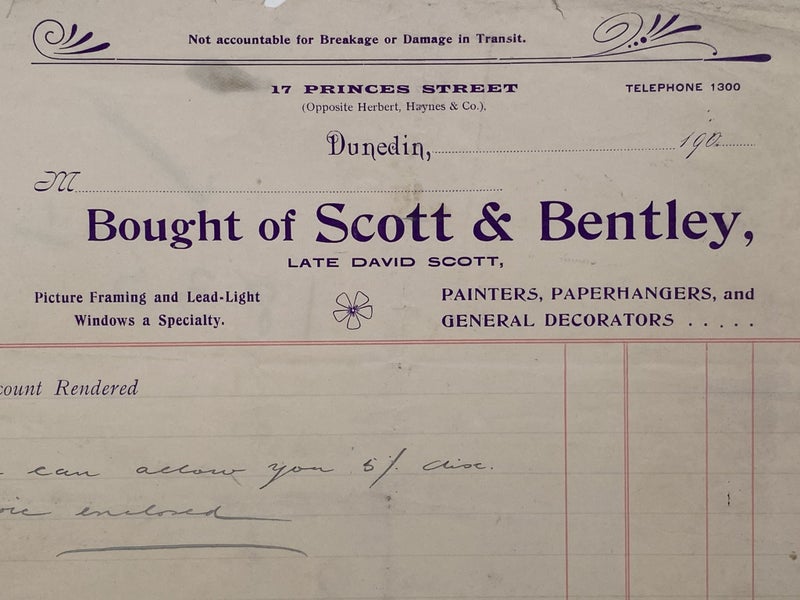 ANTIQUE INVOICE: Scott & Bentley, Dunedin - Painters & Decorators 1900s Carousel 1