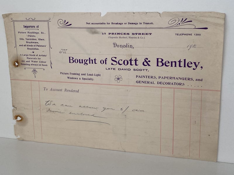 ANTIQUE INVOICE: Scott & Bentley, Dunedin - Painters & Decorators 1900s Carousel 2