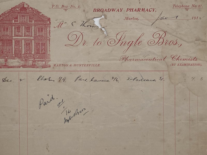ANTIQUE INVOICE: Ingle Bros. Marton - Broadway Pharmacy 1915 (109yo) Carousel 1