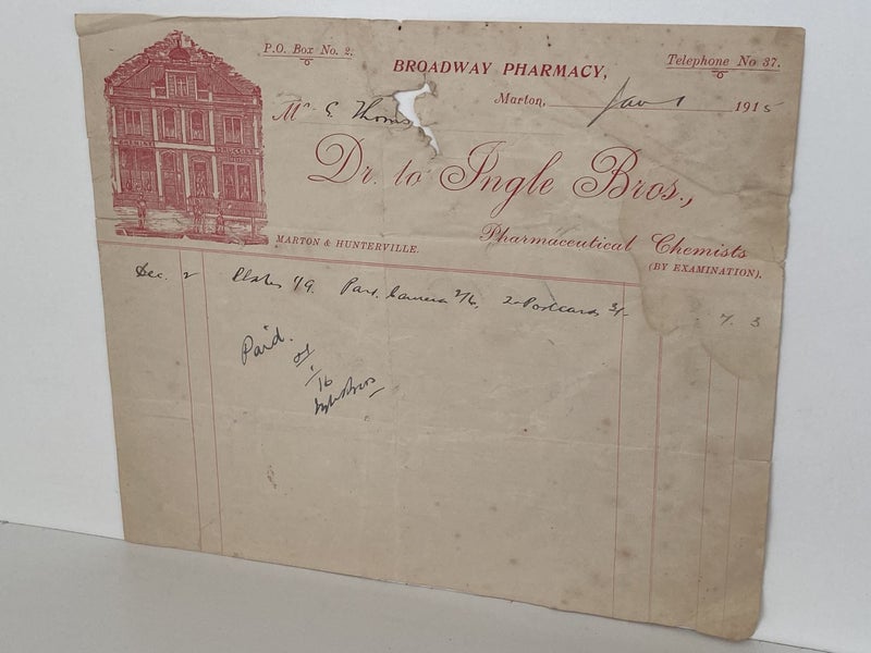 ANTIQUE INVOICE: Ingle Bros. Marton - Broadway Pharmacy 1915 (109yo) Carousel 2