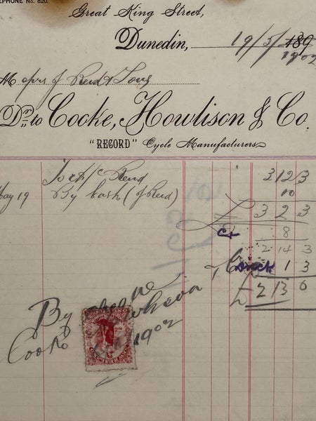 ANTIQUE INVOICE: Cooke, Howlison & Co, Dunedin - Cycles 1902 (122yo) Carousel 1