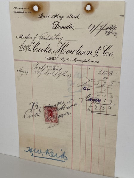 ANTIQUE INVOICE: Cooke, Howlison & Co, Dunedin - Cycles 1902 (122yo) Carousel 2