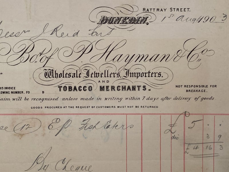 ANTIQUE INVOICE: P. Hayman & Co. Dunedin - Tobacco Merchants 1903 (121 yo) Carousel 1
