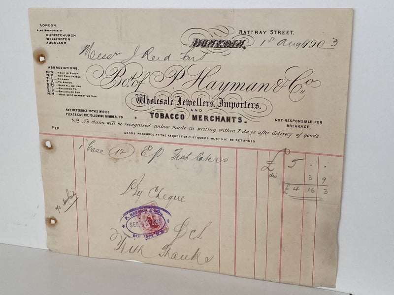 ANTIQUE INVOICE: P. Hayman & Co. Dunedin - Tobacco Merchants 1903 (121 yo) Carousel 2