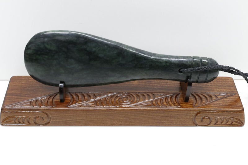 New Zealand Greenstone Mere 300mm or 30cm with Native wood Base Carousel 1