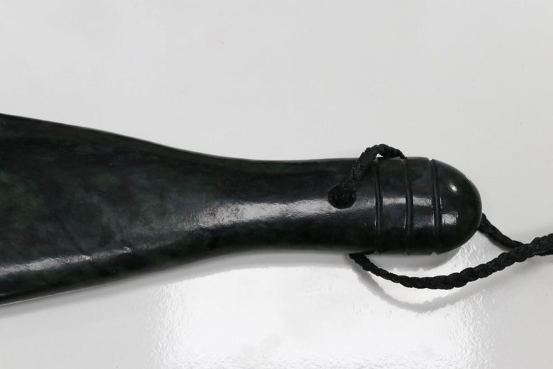 New Zealand Greenstone Mere 300mm or 30cm with Native wood Base Carousel 8