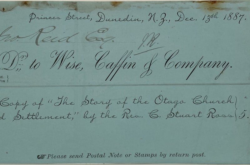 ANTIQUE RECEIPT: Wise, Caffin & Company, Dunedin 1887 (137yo) Carousel 1