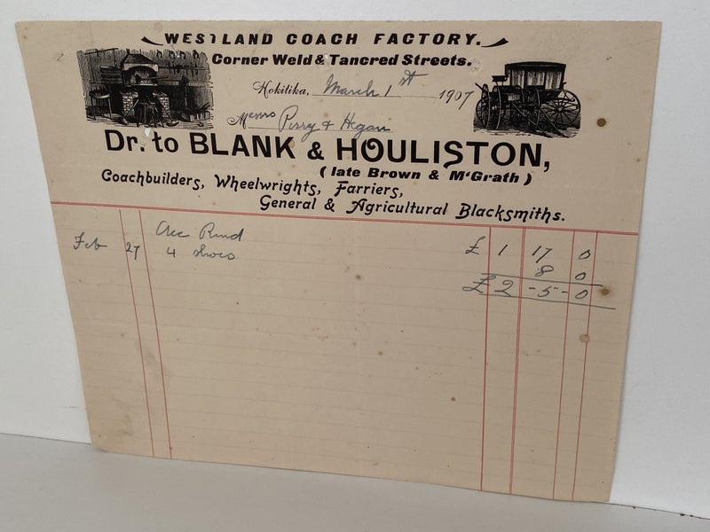 ANTIQUE INVOICE: Blank & Houliston, Hokitika - Westland Coach Factory 1907 Carousel 2