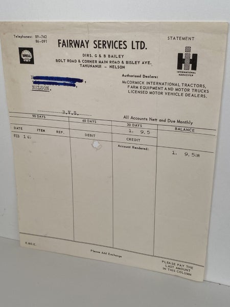 VINTAGE INVOICE: Fairway Services Ltd - International Tractors 1965 Carousel 2