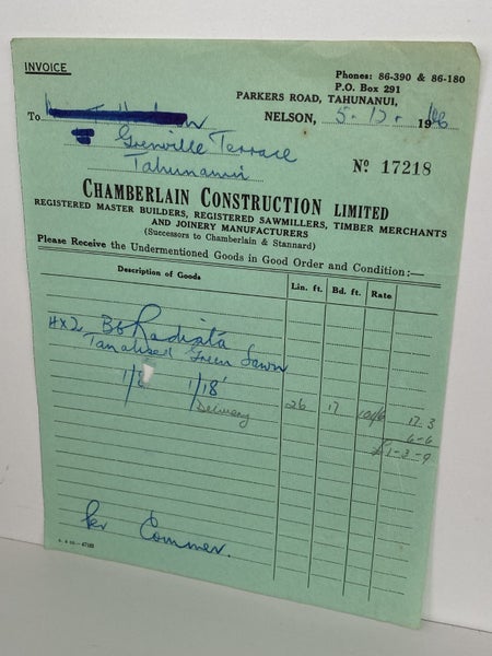 VINTAGE INVOICE: Chamberlain Construction Ltd, Nelson 1966 Carousel 2