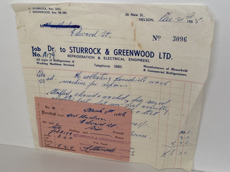 VINTAGE INVOICE: Sturrock & Greenwood Ltd, Nelson 1955 Carousel 2