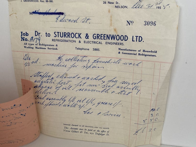 VINTAGE INVOICE: Sturrock & Greenwood Ltd, Nelson 1955 Carousel 3