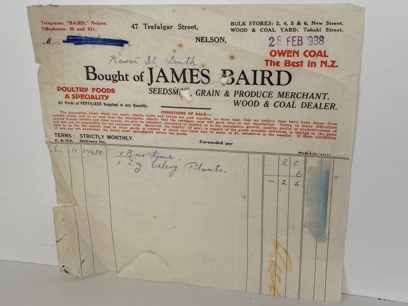 VINTAGE INVOICE: James Baird, Nelson - Seedsman, Grain & Produce 1938 Carousel 2