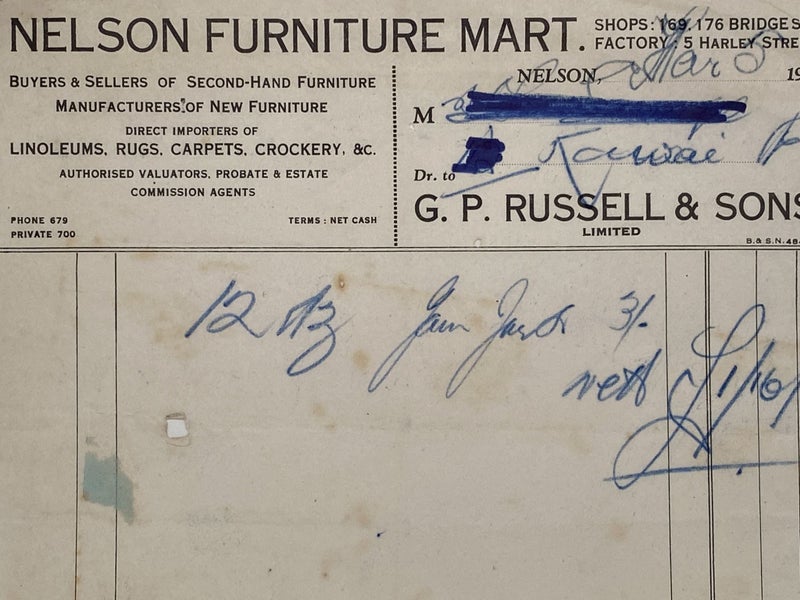 VINTAGE INVOICE: G. P. Russell & Sons Ltd, Nelson 1943 Carousel 1