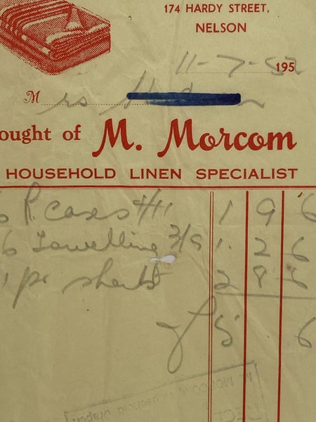 VINTAGE INVOICE: M. Morcom, Nelson - Household Linen Specialist 1952 Carousel 1