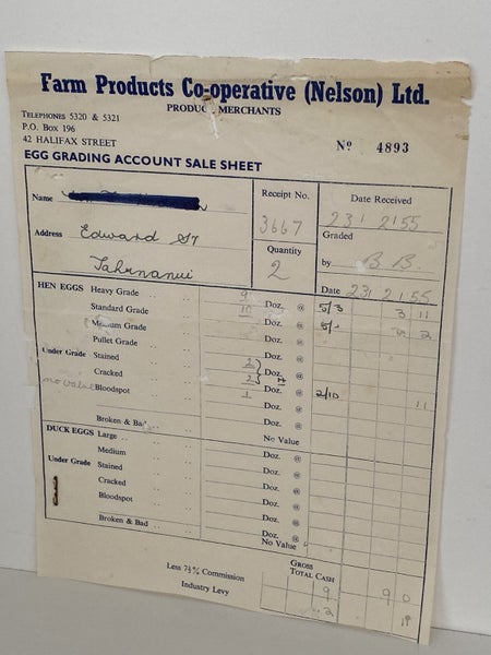 VINTAGE INVOICE / STATEMENT: Farm Products Co-operative (Nelson) Ltd 1955 Carousel 2
