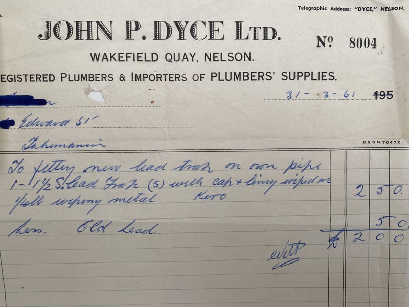 VINTAGE INVOICE: John P. Dyce Ltd, Nelson - Plumbers Suppliers 1961 Carousel 1