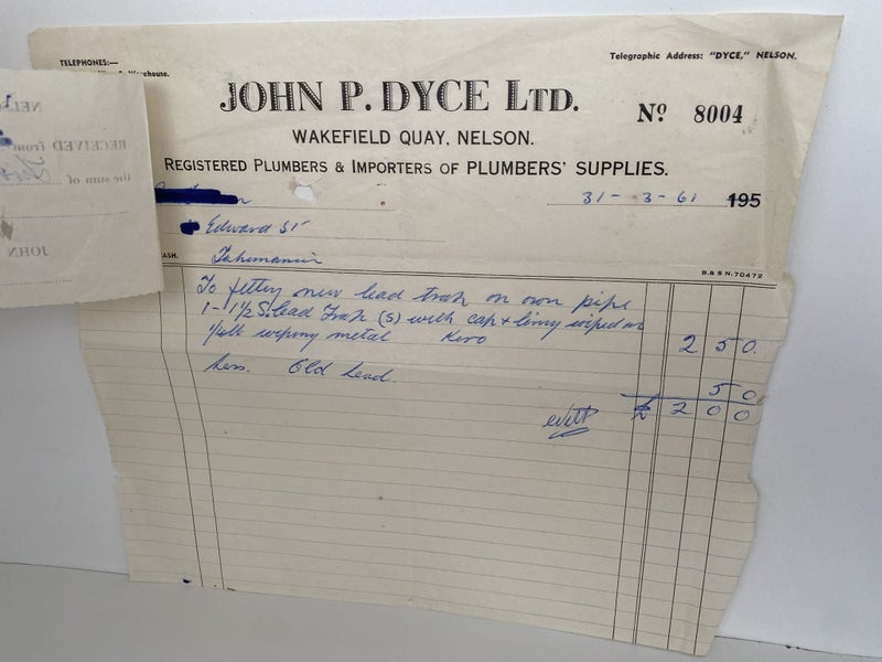 VINTAGE INVOICE: John P. Dyce Ltd, Nelson - Plumbers Suppliers 1961 Carousel 2
